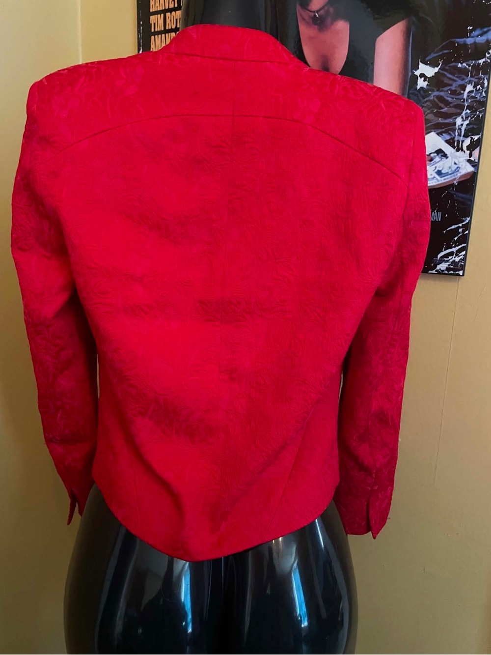 Topshop Red Floral Jacquard Open Front Cropped Blazer Jacket Tuxedo US 2 - Picture 3 of 5